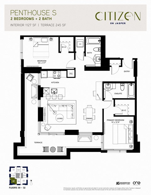 Floor plan for 2 beds, 2 baths, 1127 sqft